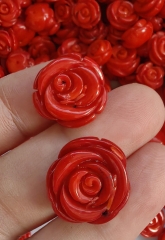 10pcs Natural Bamboo Coral Hand Carved Rose Flower 10-18mm half drilled earrings bead DIY