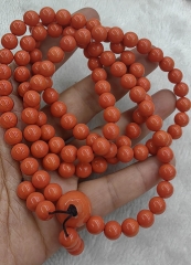 Long Necklace 30 inch Orange  Coral jewelry Red Coral 108 Round Guru Barrel  Drum Fancy  Beads Necklace 18k gold