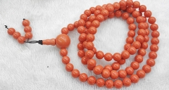Long Necklace 30 inch Orange  Coral jewelry Red Coral 108 Round Guru Barrel  Drum Fancy  Beads Necklace 18k gold