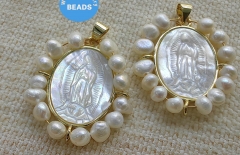 Large Dainty Pearl Virgin Mary Necklace, Gold Mary Charm Pendant,  Virgin Mary Pendant, Christian Religious Necklace, Mother of Pearl Charm