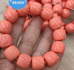New Pink Coral ,Oranger Coral Streach Bracelet Rondelle Beads, 18k Gold Drum Barrel Abacuse wheel  14X16 mm 9" for man bracelet