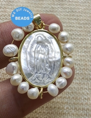 Large Dainty Pearl Virgin Mary Necklace, Gold Mary Charm Pendant,  Virgin Mary Pendant, Christian Religious Necklace, Mother of Pearl Charm