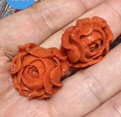 Drilled Oranger red Coral  Rose Fluorial Round Leaf Pendant 25-30 mm 2pcs ,Flower Spacer Beads, Mala Making Beads