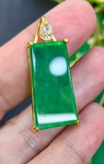 18k Gold Filled  Emeral Jade Pendant On 20” Gold Tone Chain, Hand Carved Taiwanese Nephrite Rectangle,35X18mm 1pcs for jewelry making