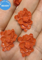 Drilled Oranger red Coral  Rose Fluorial Round Leaf Pendant 25-30 mm 2pcs ,Flower Spacer Beads, Mala Making Beads
