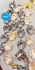 Pink Conch Flower Pendant: Silver Leaf, Pearl & Bone White Bead - 25-35mm 8pcs