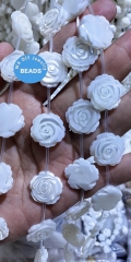 16" Handmade carved floral MOP beads - white shell rose beads Pearl MOP beads - natural flower shell beads - shell beads for jewelry making