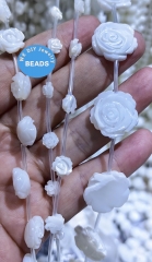 16" Handmade carved floral MOP beads - white shell rose beads Pearl MOP beads - natural flower shell beads - shell beads for jewelry making