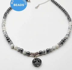 Genuine Hematite,  Round Ball Mala, White turquoise Necklace, Boho Necklace, tree of life round pendant Jewelry 17inch for gift