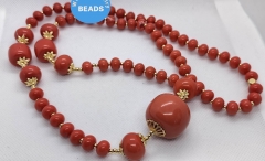 30inch Oranger  Coral Nacklace 10-20MM Round Rondelle Bead 18K gold Charm Coral Gemstone Beads Chain mala beads jewelry gift
