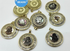 Micro Pave Crystal Brass 24k Shiny  CZ Gold Mary Pendant CZ Pave  Shell Disc Coin  CZ Stone Beads Findnings 28mm