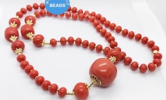 30inch Oranger  Coral Nacklace 10-20MM Round Rondelle Bead 18K gold Charm Coral Gemstone Beads Chain mala beads jewelry gift