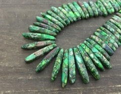 16" Lapis Blue Green Jasper Stick Beads Sea Sediment Jasper Point Spike Bead Imperial Jasper Green Gemstone Pendant Stick Beads Bib Necklace