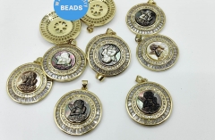 Micro Pave Crystal Brass 24k Shiny  CZ Gold Mary Pendant CZ Pave  Shell Disc Coin  CZ Stone Beads Findnings 28mm