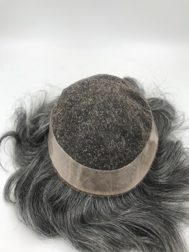 50% Gray Human Hair French Lace Systems for Elder Male
