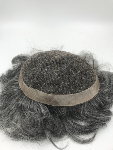 50% Gray Human Hair French Lace Systems for Elder Male