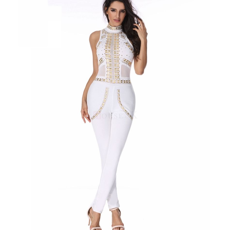 2016 new sexy women rompers bodysuit white luxury sequined mesh ...