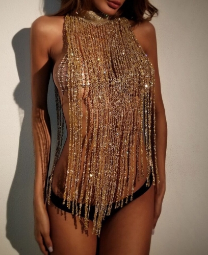 latest fashion shiny fake tops with tassel design by diamond for party club gilrs wholesale china