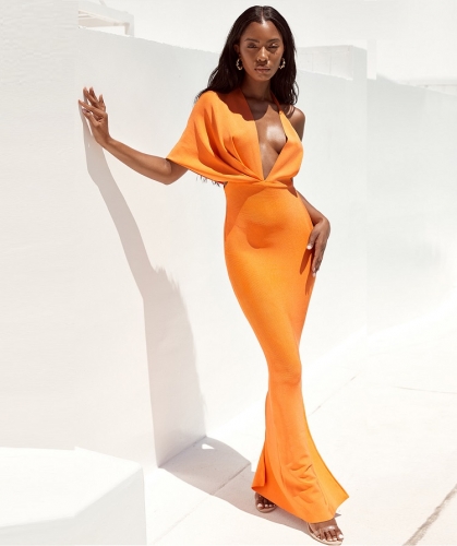 new fashion hotstyle orange women party long dress evening date ladies mature maxi vestido wholesale online