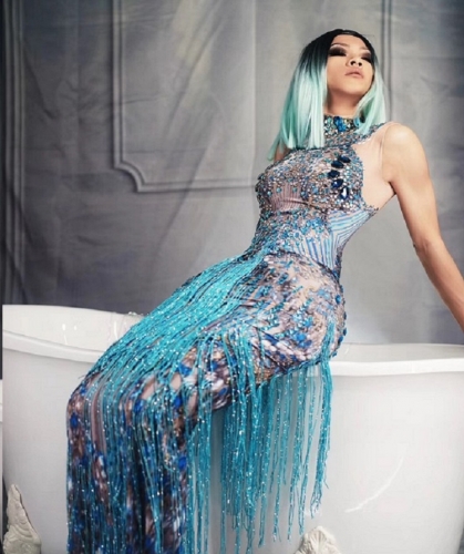 new fashion blue chic customized luxury women event party gown celebrity long dress sequin with tassel design