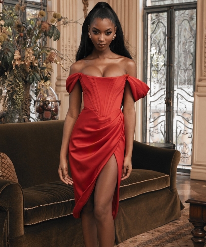 new fashion show style collection red satin christmas party outfit short women dress wholesale online