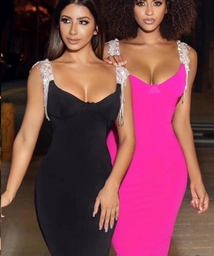 new fashionelegant spaghetti strap hot selling pink women midi bandage dress with diamond tassel design wholesale online