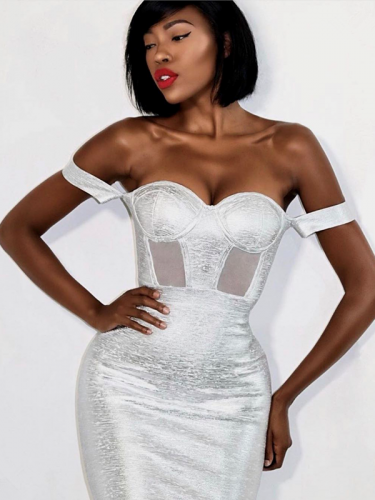 2020 New Arrival Silver Printed Bandage Dress Women Sexy Off Shoulder Bodycon Evening Party Dress