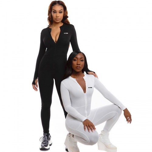 Black & White Deep V-Neck Sexy Women Zipper Jumpsuit  Long Sleeve Workout Sporty Jumpsuits