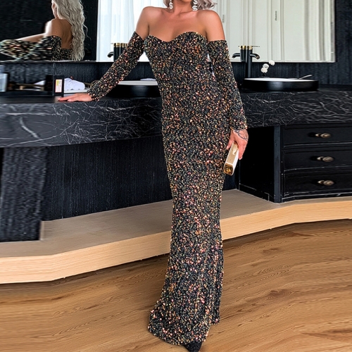 2020 New Fashion Sequin Long Dress Off Shoulder Long Sleeve Floor Length Dress for Women Party Dress