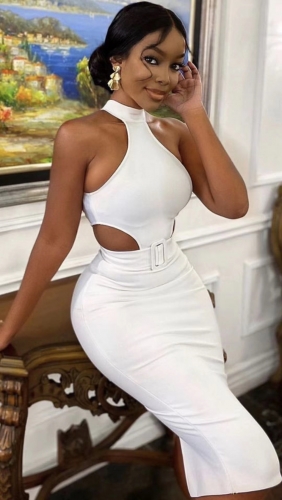 2020 Hot Selling Sleeveless Hollow Out White Belt Bodycon Bandge Dress Cocktail Party Dress