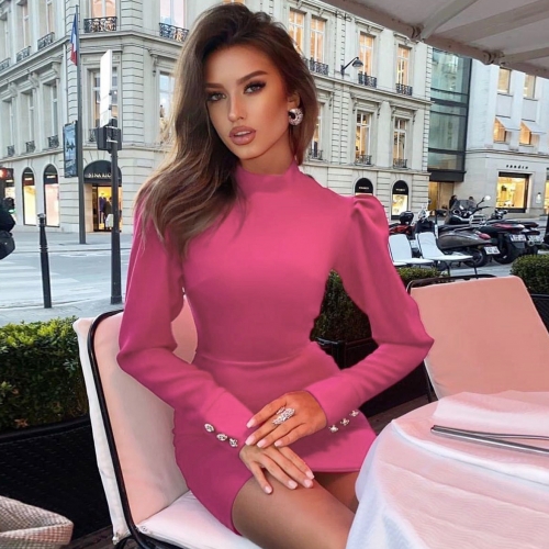 Women Winter Sexy Long Sleeve Pink Mini Bandage Dress 2020 Elegant Party Dress Vestidos