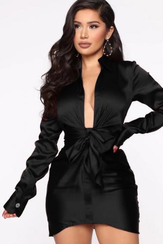 2021 New Fashion Sexy Women Long Sleeve V Neck Mini BodyconBlack Dress