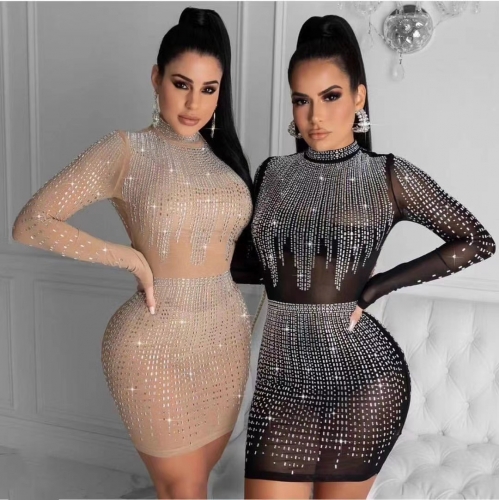 New Women Spring Sexy Long Sleeve Mesh Diamonds Studded Sparkly Black Bodycon Dress 2021 Elegant Evening Party Dress Vestidos