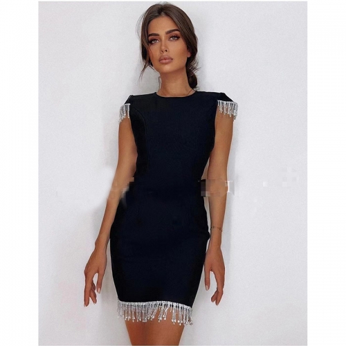 Black Summer Tassel Diamonds Vintage Sexy Club Women Mini Party Dress 2021 Casual Bodycon Short Sleeve Robe Femme Vestido