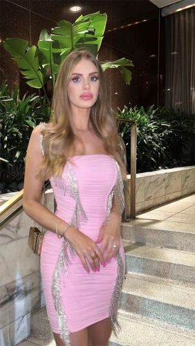 The latest pink mesh silver diamond chain sexy sling dress