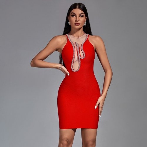 new fashion hot selling sleeveless mesh hot drilling mini dress online wholesale