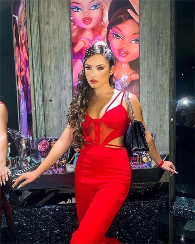 New fashion sexy strap halter red female strap jumpsuit party dress online wholesale