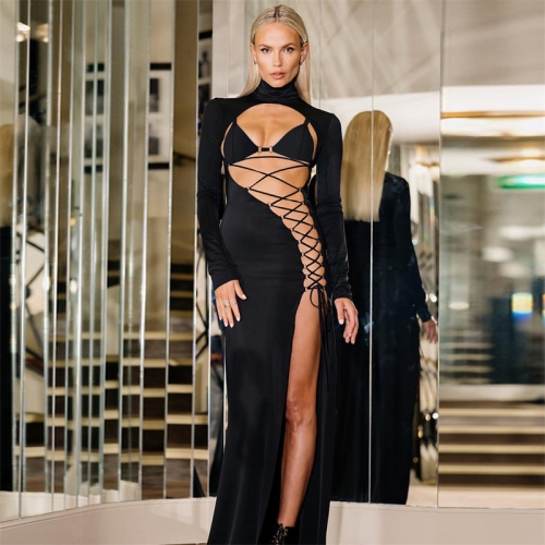 2023 temperament celebrity black high waist bandage hollow long sleeve dress skirt