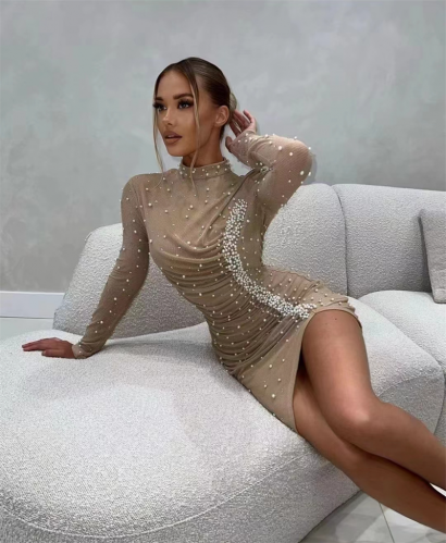 In the spring of 2023, the new mesh beaded long-sleeved high-end slim hip dress cocktail dress
