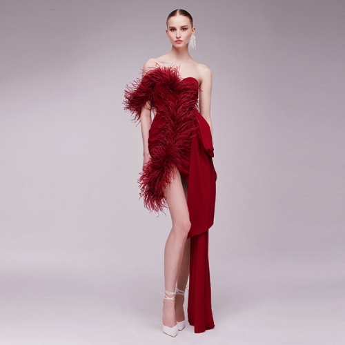 Red Feather Slash Neck Satin Sheath Party Dress