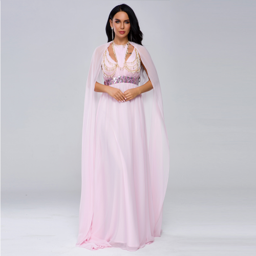 Women Pink Sleeveless Sequin Pearls Breathable Mesh Long Dress