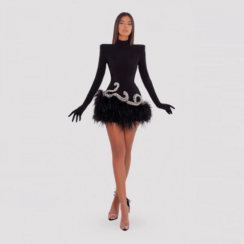 Women Long sleeve High Neck Feathers Sheath Crystal Black Dress