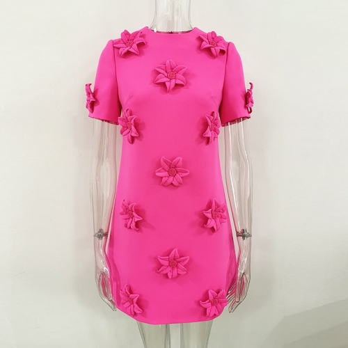 Women Appliques Short Sleeve Rose Red Dress