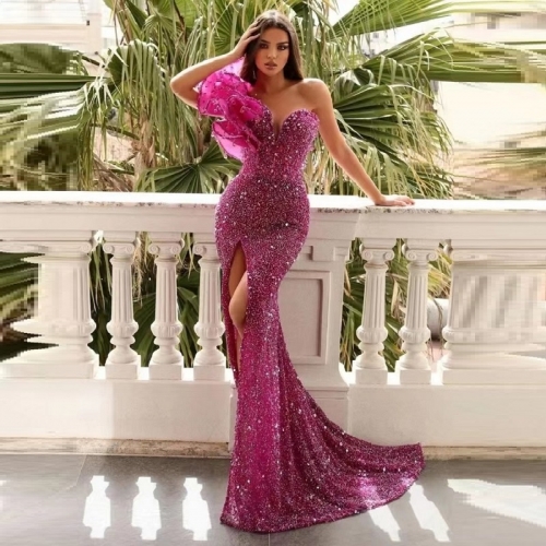 High Quality Asymmetric Pearls Sequin Red Maxi Dress