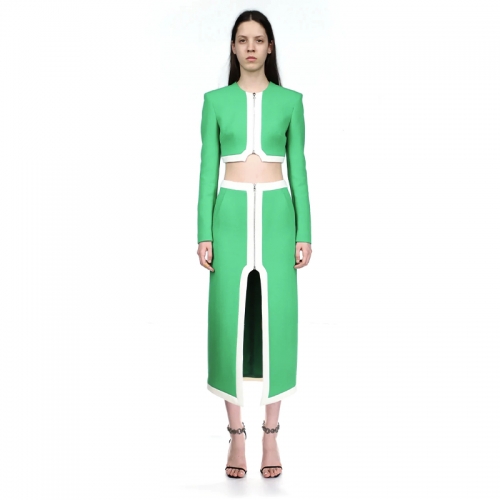 New Arrival Women Green Zipper Two Piece Sets