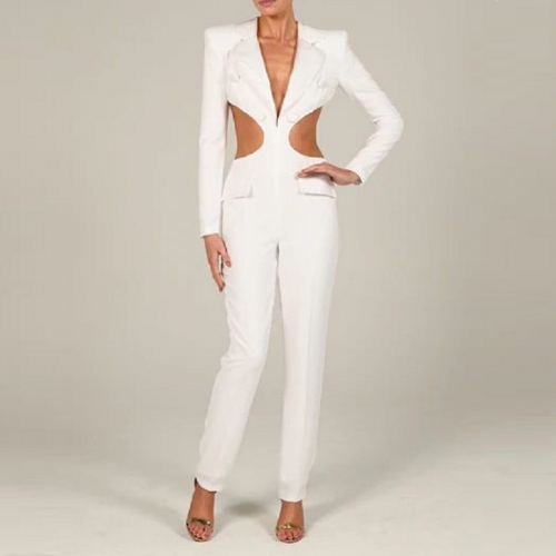 Women White Feathers Suit Button Bare Back Two Piece Sets