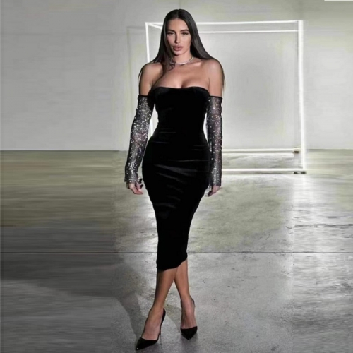 Women Sheath Sequin Long Sleeves Black Dress