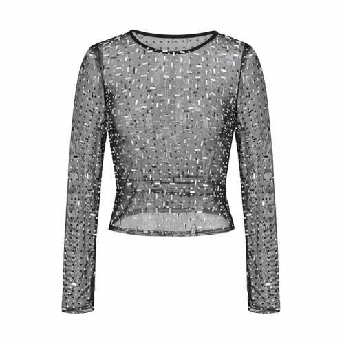 Women Sequin Breathable Mesh Zipper Top