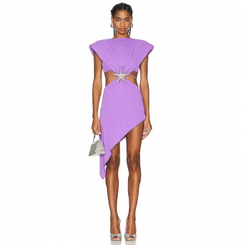 Fashion Waist Hollowed Out Asymmetric Crystal Purple Dress
