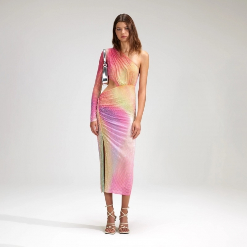 Fashion Breathable Mesh Colorful Sequin Slash Neck Long Dress